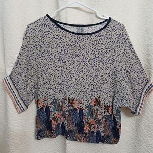 Blink London Elegant Navy and Cream Women's Blouse With Floral Design.